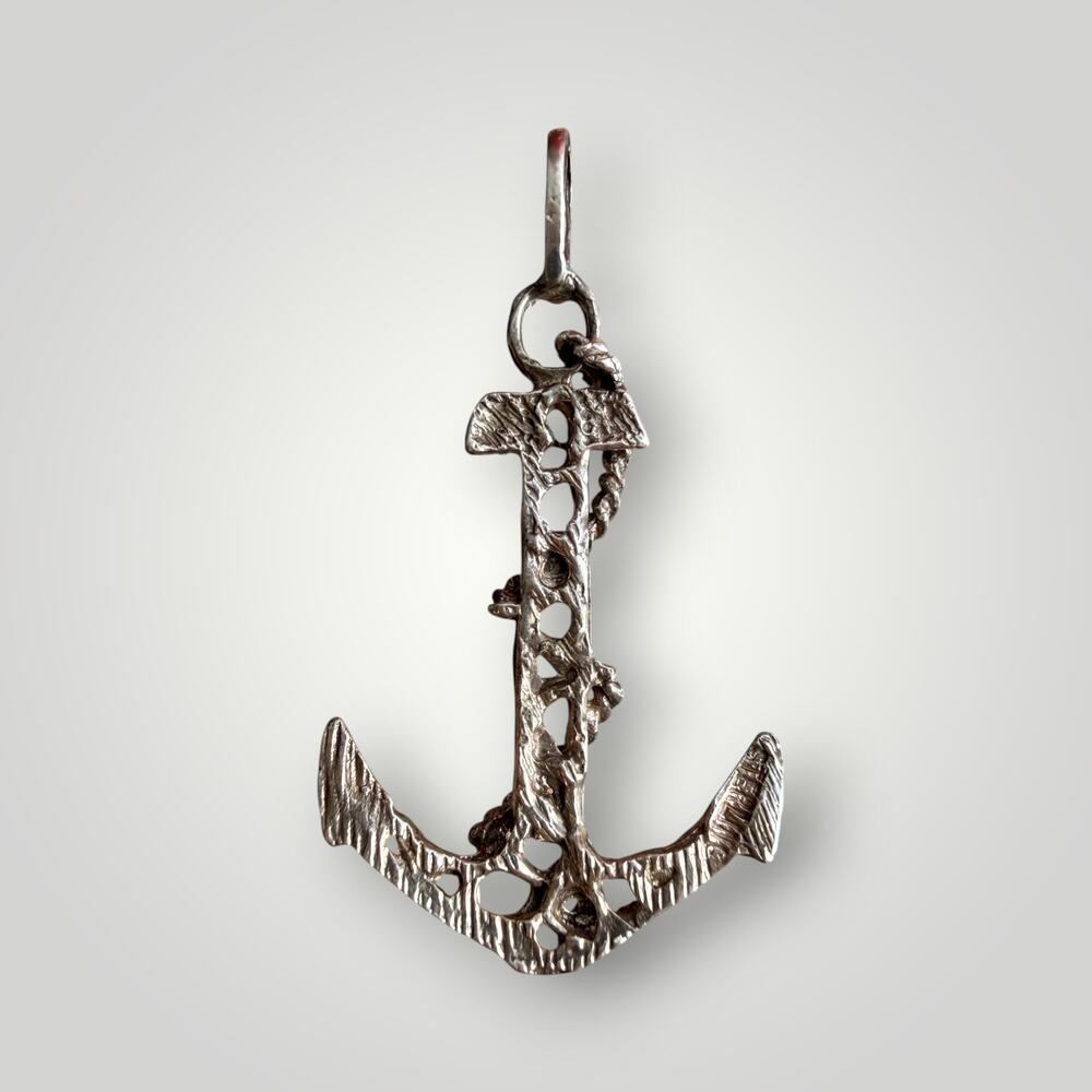Vintage Brutalist Sterling Silver Anchor Pendant Nautical Modernist Artisan - Picture 4 of 8